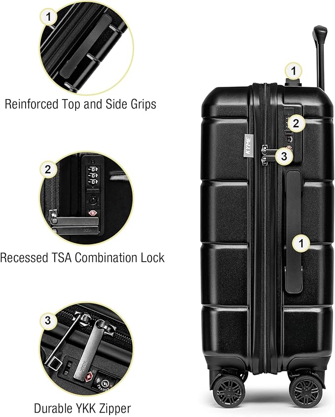 KYME Hardside Carry On Luggage 22x14x9 Airline Approved with TSA Lock Hardshell Carry On Suitcase with Spinner Wheels Travel Rolling 22 Inch Luggage with Cup Holder for Men Women Black