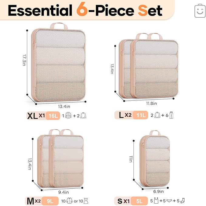 Veken 6/9/11 Set Compression Packing Cubes for Travel Essentials,Compressible Expandable Large Luggage Suitcase Organizer Bags for Clothing,Durable Space Saver Storage Bags(Beige)