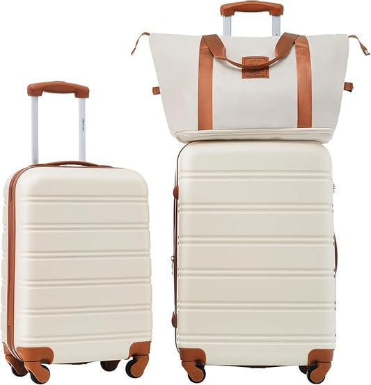 Merax Luggage sets of 3 Piece 20 24 IN Carry on Luggage Hard Case White and Brown Luggage Expandable Checked Luggage Suitcase Set with Wheels