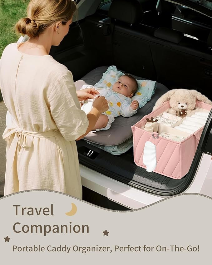 Diaper Caddy Organizer for Baby Essentials – Soft Blush Pink Storage Basket with Compartments, Shoulder Strap & Stroller Hooks – All-in-One Multifunctional Diaper Storage Tote for Nursery & Car
