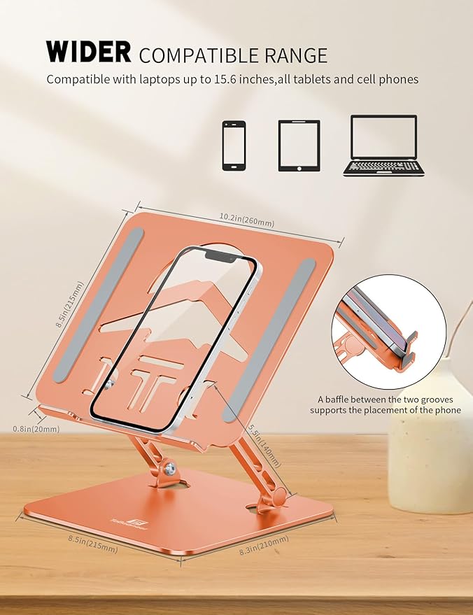 Laptop Stand, Ergonomic Adjustable Computer Stand for Collaborative Work, Foldable and Portable Heat Sink Computer Stands, Fits up to 15.6-inch Laptops (Orange)