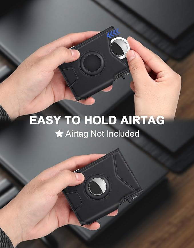 Airtag Wallet for Men, Minimalist Slim Mens Wallet Smart Pop Up Credit Card Holder for 9-13 Cards, RFID Blocking Wallet with ID Window & Cash Slot, Compact Bifold Metal Aluminum Card Case
