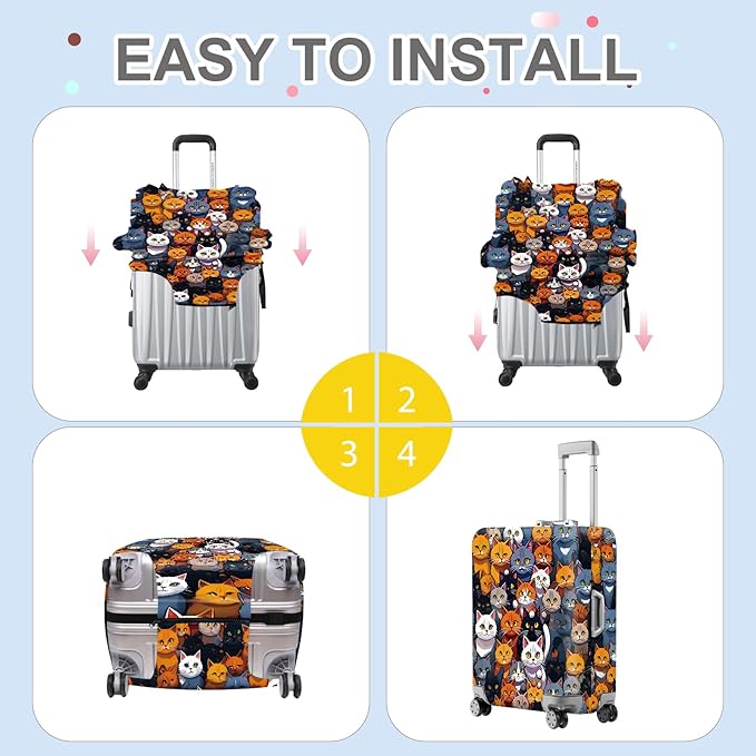 ANNA QUEEN Colorful Cat Luggage Cover, Fun Cat Design with Multiple Cats, Stretchable, Washable Travel Sleeve for 32-34 Inch Luggage