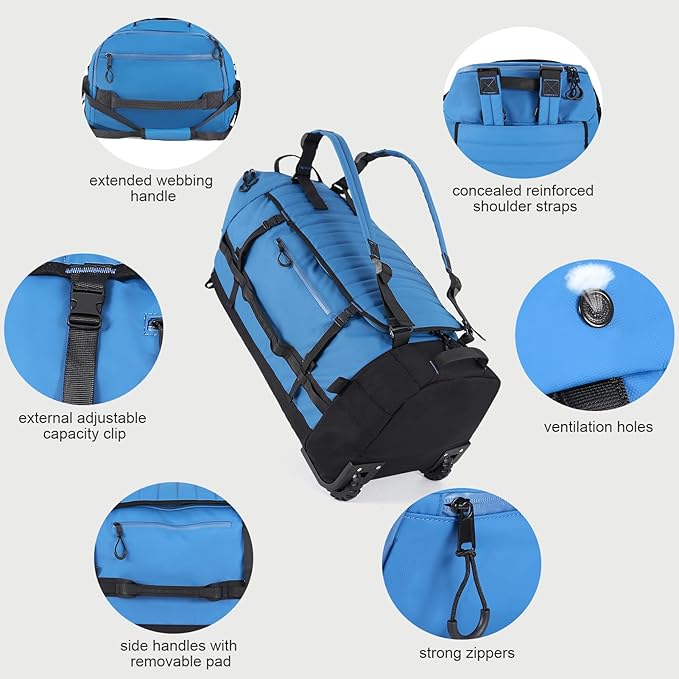 Rolling Duffle Bag with Wheels,86L 30”Folding Duffle Backpack with 2 Wheels,Travel Bag with Separate Shoe Compartment,Blue
