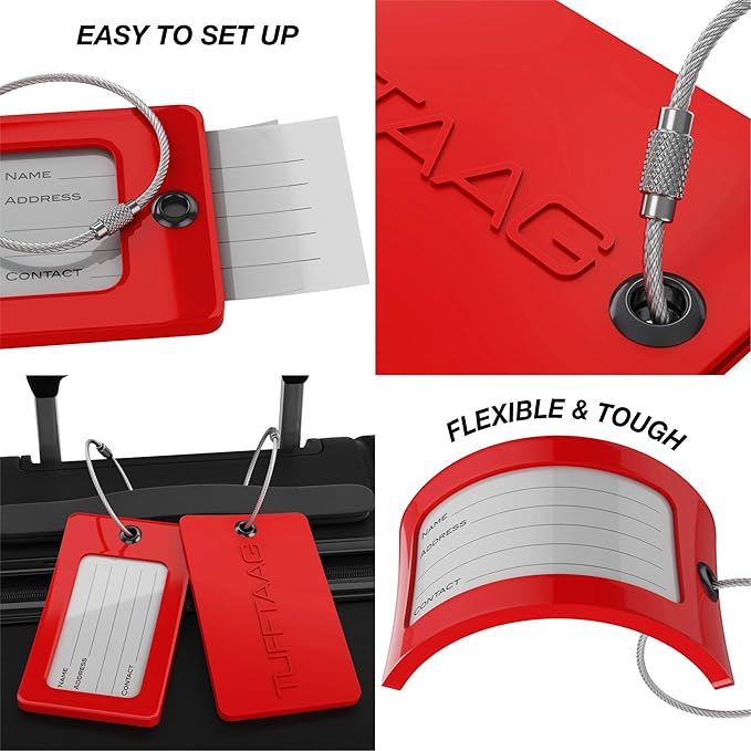 Luggage Tags Business Card Holder by TUFFTAAG - Durable Travel ID Bag Tag, Secure & Flexible, Perfect for Suitcases, Backpacks, and Carry-Ons, Easy Identification (2 Pack, Red 2pk)