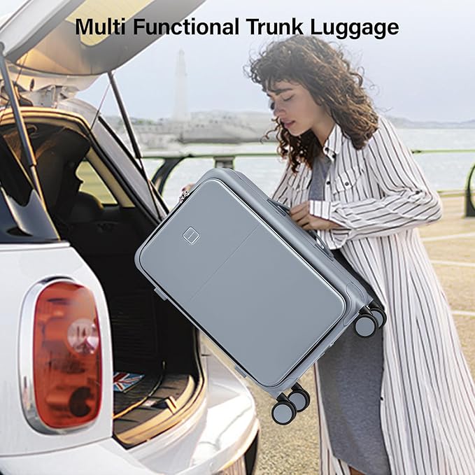 Hanke 20 Inch Carry On Luggage with Cup Holder and Charge,Top Opening Hard Shell Suitcases with Wheels and Dividers,Aluminum Frame Trunk Luggage Small Suitcase with Lock for Travel,Gray