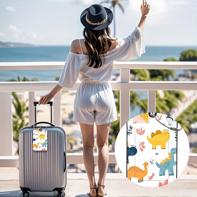 Luggage Tags for Suitcases, 2-Pack PU Leather for Cruise & Travel, Baggage ID Tags with Privacy Cover & Address Card, Durable Metal Ring, Kids Adults Travel Accessories, Playful Dinos