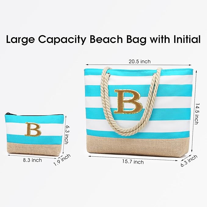 Becokan Beach Bag Initial Beach Tote with Makeup Bag for Travel Work Storage Personalized Birthday Gifts for Women Her