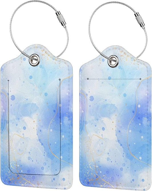 Light Blue Luggage Tags for Suitcases, 2 Pieces PU Leather Bag Tags with Full Back Privacy Cover Name ID Card Stainless Steel Loop, Blue and Gold Marble Baggage Tags for Women Girls Men Boys Travel