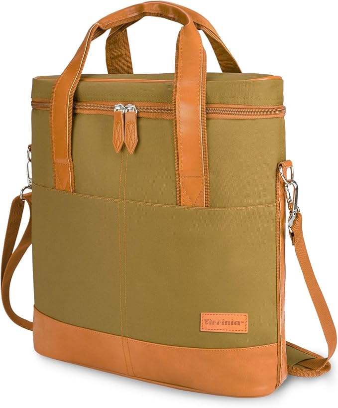 Tirrinia Insulated Wine Gift carrier - 3 Bottle Travel Padded Wine Carry Cooler Tote Bag with Handle and Adjustable Shoulder Strap, Khaki