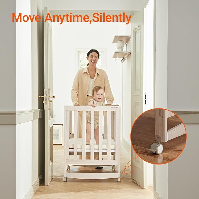 EvoNest Baby Crib, 6 in 1 Convertible Mini Crib with Wheels, 100% New Zealand Wood Growing Bed, 4 Adjustable Mattress Height， Washed Natural