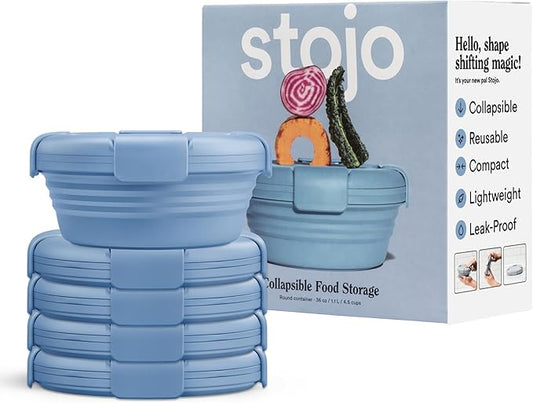 STOJO Collapsible Bowl 5 Set - Steel, 36oz - Reusable Silicone Bowl for Hot and Cold Food - Perfect for Travel, Meal Prep, To-Go Lunch, Camping & Hiking - Microwave & Dishwasher Safe