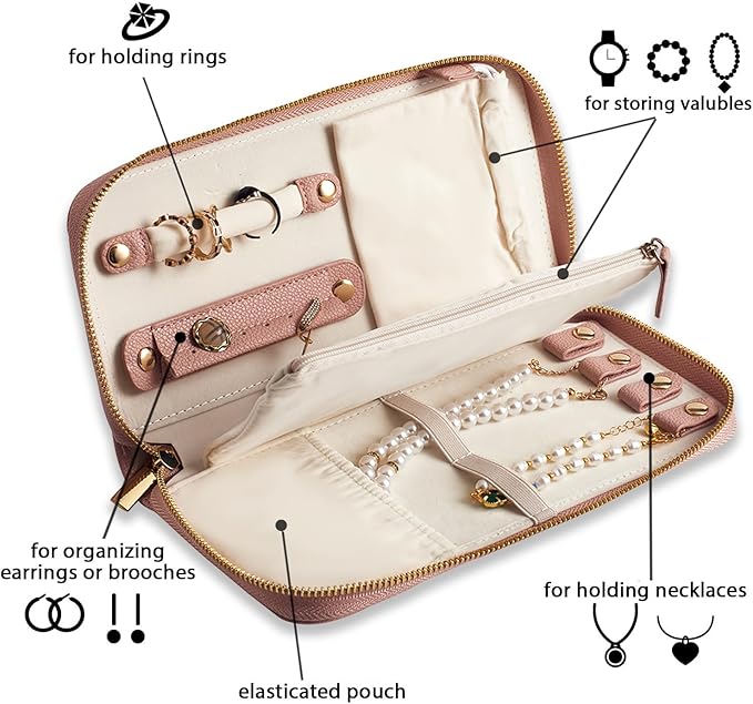 Travel Jewelry Organizer Case - for Tangle-Free Necklaces, Earrings, Rings, Bracelets Storage, Travel Essentials, Fashion Portable Jewelry Travel bags for Women - Medium Macaron Pink