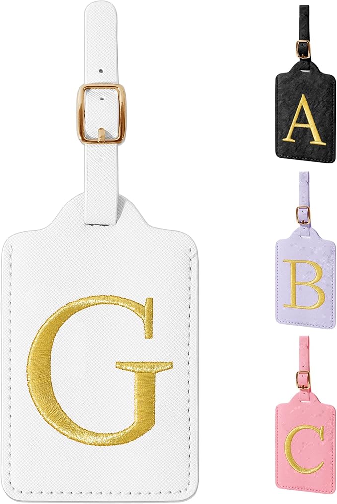 Personalized Initial Luggage Tags for Suitcase TSA Approved, White Leather Cute Luggage Tag with Privacy Cover Name Card, Embroidered Custom Luggage Tags Travel Baggage Tags Gifts for Women Kids(G)
