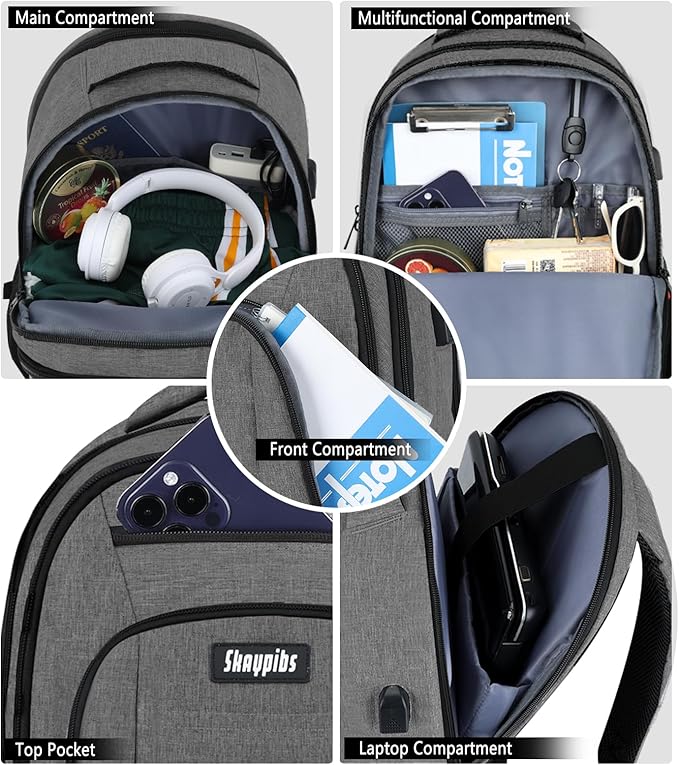 Backpack for Men Women, Travel School Backpacks for Teen Boys, Bookbag with USB Charging Port, Anti Theft College Students Backpack Fits 15.6 Inch Laptop, Casual Work Business Back Pack, Grey