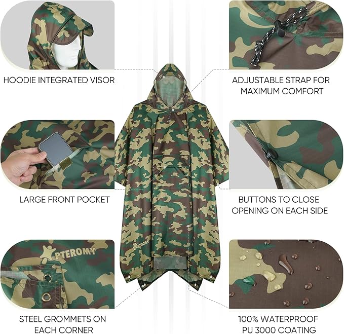 PTEROMY Hooded Rain Poncho for Adult with Pocket, Waterproof Lightweight Unisex Raincoat for Hiking Camping Emergency
