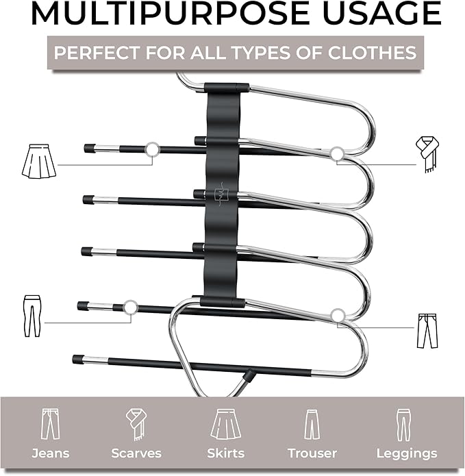 MORALVE Pants Hangers Space Saving - 2 Pack - Non-Slip Multi-Layer Space Saving Hangers - Multifunctional Clothing Rack for Closet Storage - Ideal for Jeans, Trousers, Skirts, Scarves & Slacks (Black)