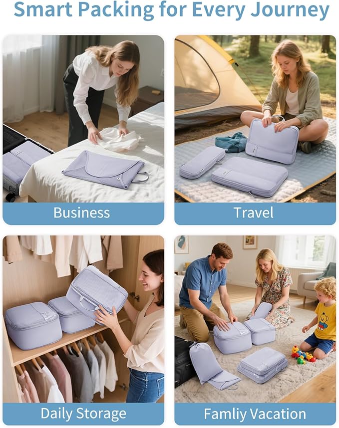 WANDF 7 Set Compression Packing Cubes for Travel, Shirt Folder for Wrinkle-Free, Suitcase Organizer Bags Set for Carry-On Checked Luggage Duffle Bag Women Men(Gray-blue)