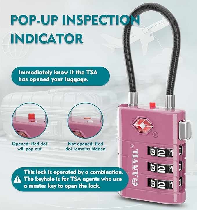 ANVIL TSA Approved Luggage Locks – High Security TSA008 Combination Travel Locks with Inspection Indicator for Suitcases and Backpacks. (2, Rose Purple)