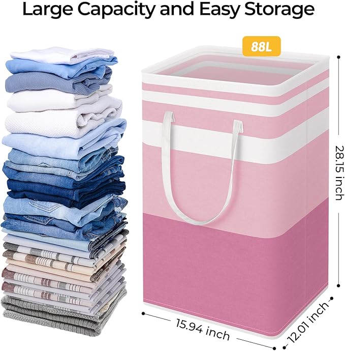HomeHacks 2 Pack Large Laundry Baskets, Waterproof, Freestanding Laundry Hampers, Collapsible Clothes Hamper with Reinforced Handles in Laundry, College Dorm, Bathroom, Bedroom (Pink, 88Lx2)