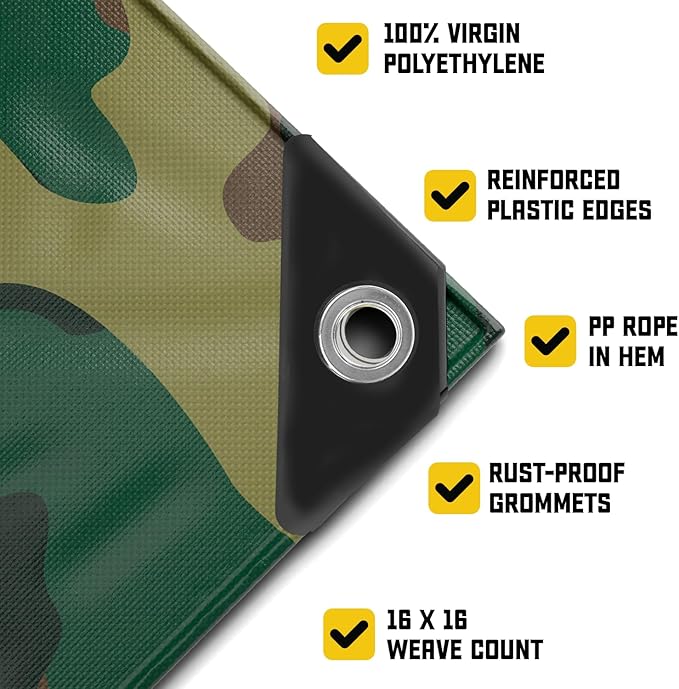 Core Tarps Extreme Heavy Duty 20 Mil Tarp Cover, Waterproof, UV Resistant, Rip and Tear Proof, Poly Tarpaulin with Reinforced Edges for Roof, Camping, Patio, Pool, Boat (Camouflage/Green 20′ X 30′)