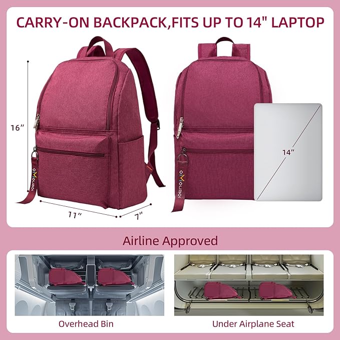OMOUBOI 14 inch Travel Laptop Backpack for Women Men Teen 20L Weekender Casual Daypacks Airline Approved Lightweight College School Bookbag Wine Red
