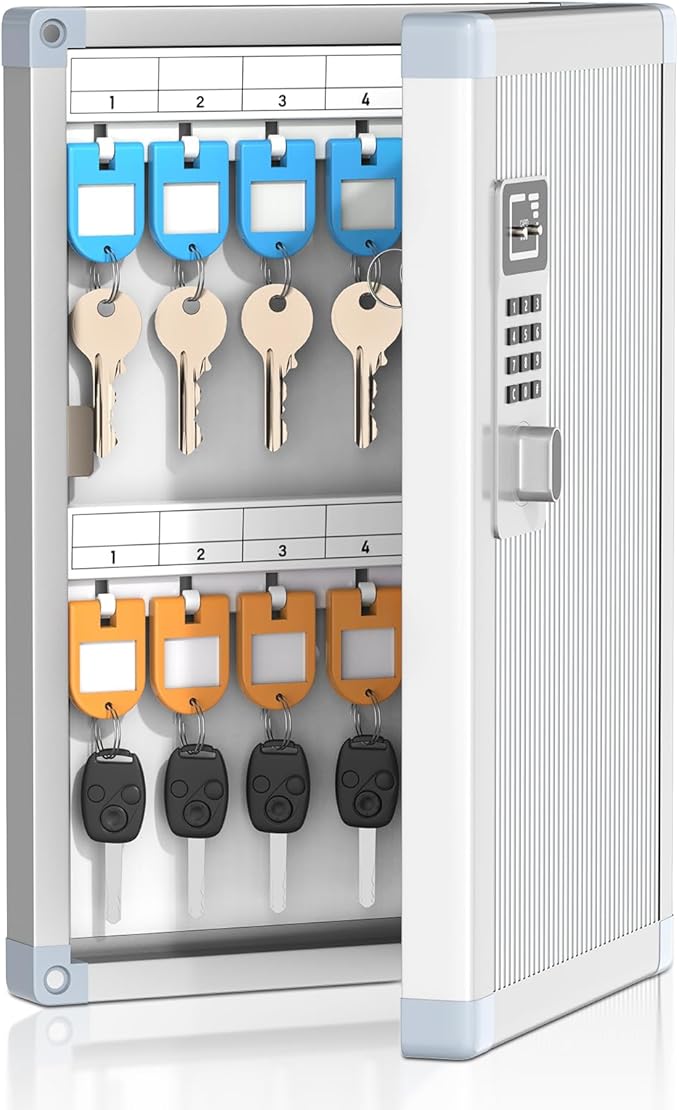 24 Slots Key Box Wall Mount with Code, Key Lock Box with Combination, Key Storage Box with Key Hooks & Tags & Lables, 8.45" x 2.55" x 13" (Silver-Code Lock, 24 Keys)
