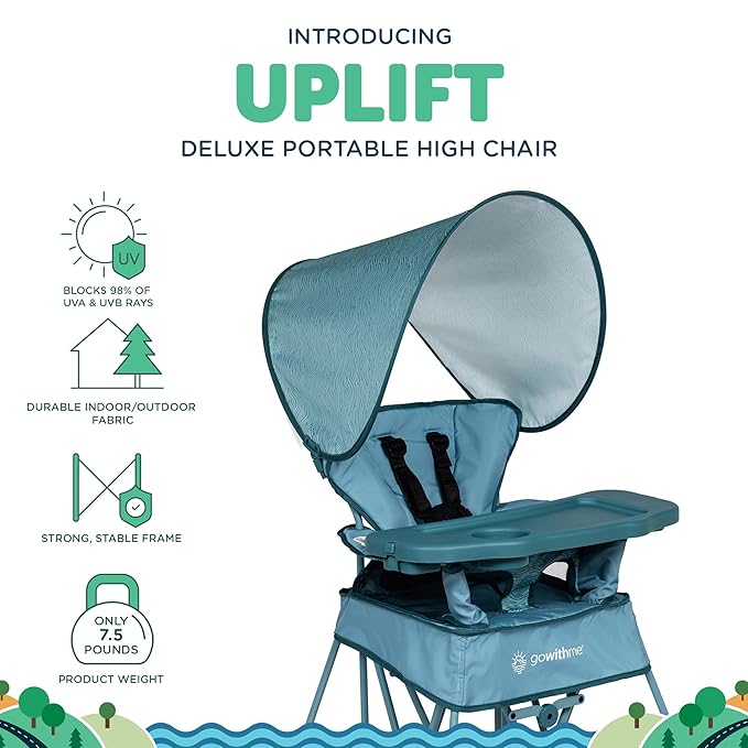 Baby Delight Go with Me Uplift Deluxe Portable High Chair | Travel High Chair | Sun Canopy | Indoor and Outdoor | Blue Wave