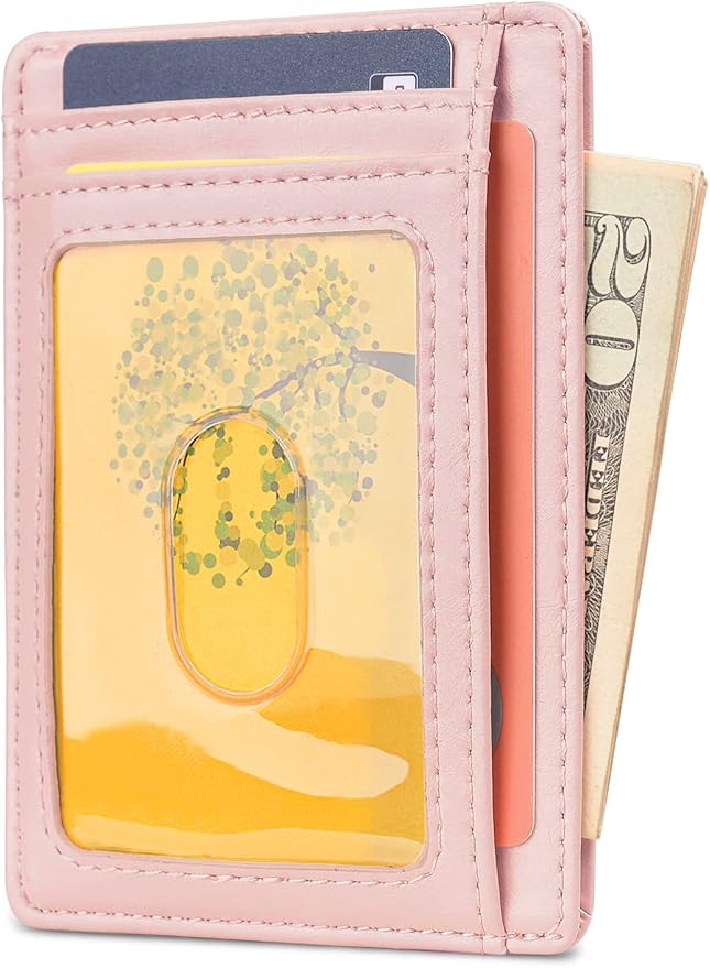 Buffway Slim Minimalist Front Pocket RFID Blocking Leather Wallets for Men and Women - Alaska Pink