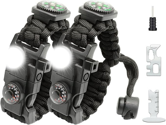 20 in 1 Survival Paracord Bracelet Adjustable Gear Kit with SOS LED Light, Fire Starter, Bigger Compass, Survival Whistle, Perfect for Camping, Hiking, Fishing