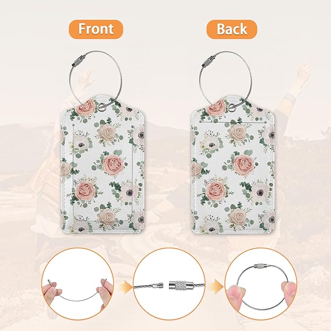 2 Pcs Luggage Tags for Suitcase,Watercolor Flowers Floral Blossom Luggage Tag Name Id Labels with Privacy Cover for Travel Backpack Women Men