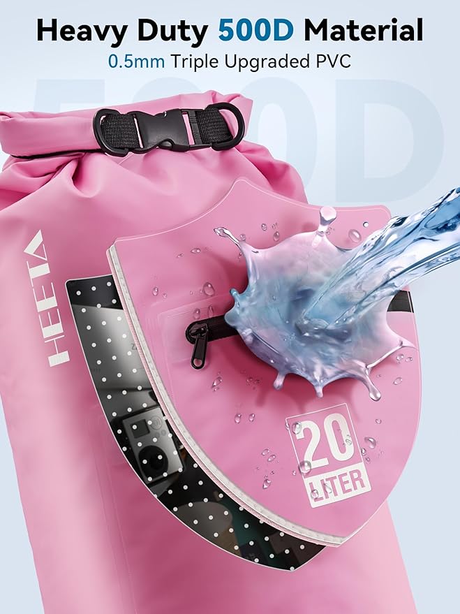 HEETA Waterproof Dry Bag with Front Zippered Pocket for Women Men, 5L/10L/20L/30L/40L Roll Top Lightweight Dry Storage Bag Backpack for Travel, Kayaking, Boating, Rafting, Camping, Hiking & Beach