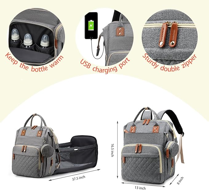 Diaper Bag with Changing Station, Waterproof 3 in 1 Baby Diaper Backpack with Foldable Changing Pad, Large Travel Back Pack for Baby Girl Boy, Grey