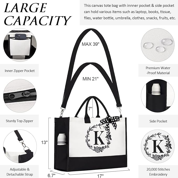 Personalized Christmas Gifts for Women, Initial Canvas Tote Bag & Makeup Bag Monogrammed Beach Tote Bags for Women w/Zipper, Birthday Gifts for Mom Her Sister Friend Girlfriend Wife Daughter Teacher