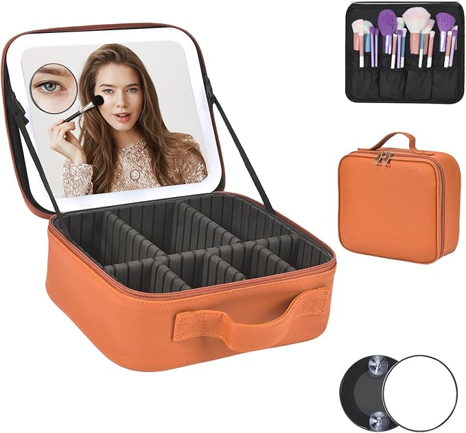 Travel Makeup Bag With LED Mirror,Makeup Travel Train Case with 3 Color Setting,Cosmetic Makeup Organizer Bag with Adjustable Dividers,Portable Make up Bag with Makeup Brush Holder Storage（Caramel）