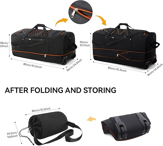CONTAIL 32" Soft-Sided Rolling Duffle Bag with 2 Wheels,Expandable from 110L to 140L, Foldable Travel Duffel with Multiple Compartments,Black-orange