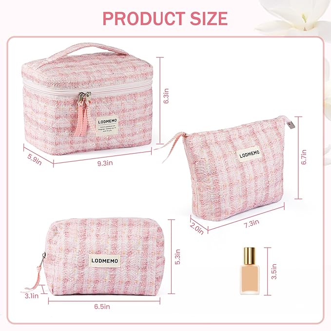 Makeup Bag 3 PCS Quilted Cosmetic Bags for Women, Large Travel Make up Bag Set Cute Cotton Toiletry Bag Organizer Pouch for Purse, Pink