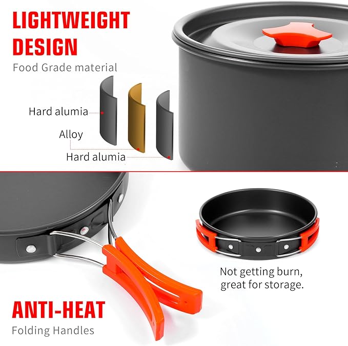 8pcs Camping Cookware Camping Pots and Pans Set with Kettle Plastic Bowls and Soup Spoon for Camping, Backpacking, Outdoor Cooking and Picnic