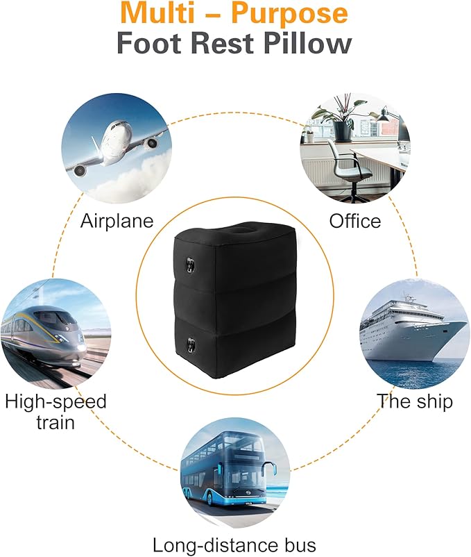 Sunany Inflatable Foot Rest Pillow , Adults Airplane Travel Pillow-Adjustable Height Cushions,for Kids to Sleep While Traveling,Suitable for Office, Home and Any Travel（Black）