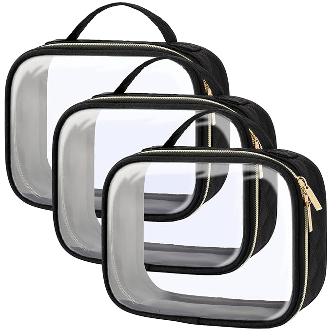 PACKISM TSA Approved Toiletry Bag, 3 Pack Clear Makeup Bags with Handle Large Opening, Clear Toiletry Bags Fit Carry-on Travel Essentials, Quart-sized Travel Bags for Toiletries, Black