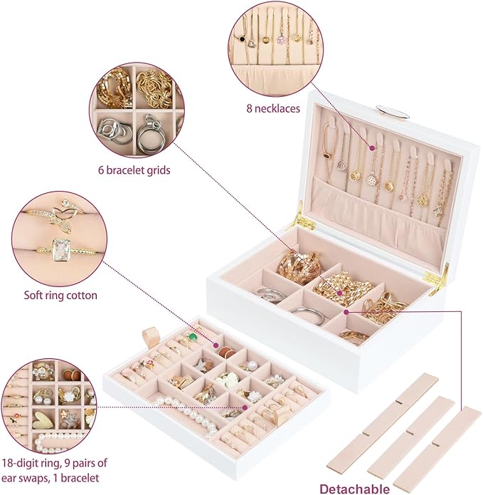 Small Jewelry Organizer for Women, 2-Layer Travel Jewelry Box with Portable Case, Necklace Ring Storage for Dresser, Girls Teens Gifts (White)