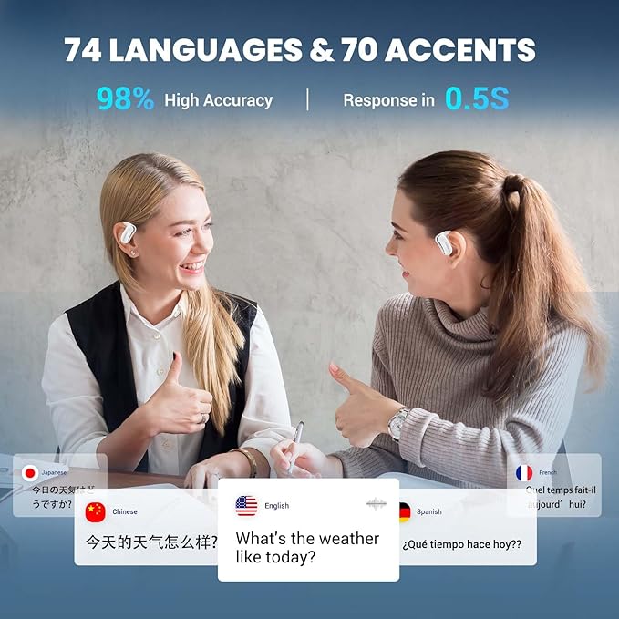 AI Translation Earbuds Real-Time 3-in-1 Language Translator Earbuds Lifetime Free Offline Translation(8 Languages) & Online Translation(144 Languages) Fit iOS & Android AF56 White