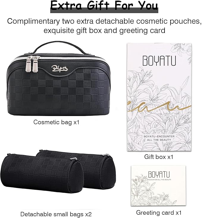 BOYATU Travel Makeup Bag Organizer Cosmetic Bag: 3 Pcs Set Make up Bags for Women with Handle - Waterproof Vegan Leather Toiletry Bags with Comparments (01-Black)