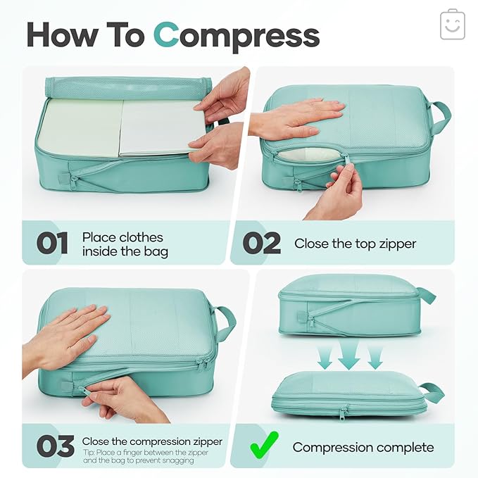 Veken 11 Set Compression Packing Cubes for Travel Essentials,Compressible Expandable Large Luggage Suitcase Organizer Bags for Clothing,Durable Space Saver Storage Bags with Toiletry Bags(Blue Green)