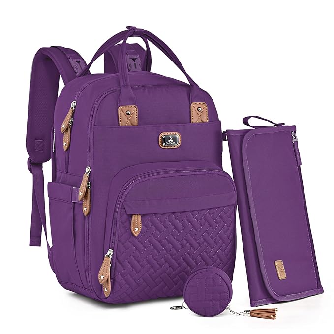 Dikaslon Diaper Bag Backpack with Portable Changing Pad, Pacifier Case and Stroller Straps, Large Unisex Baby Bags for Boys Girls, Multipurpose Travel Back Pack Moms Dads, Purple