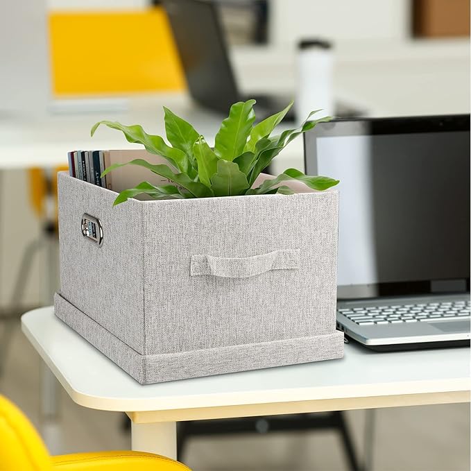 Medium 15" 21 Quart Collapsible Stackable Storage Bins with Lids, 5 Packs Beige Foldable Fabric Closet Boxes Heavy-duty Linen Cube Baskets Container for Bedroom Office (15 x 11 x 8)