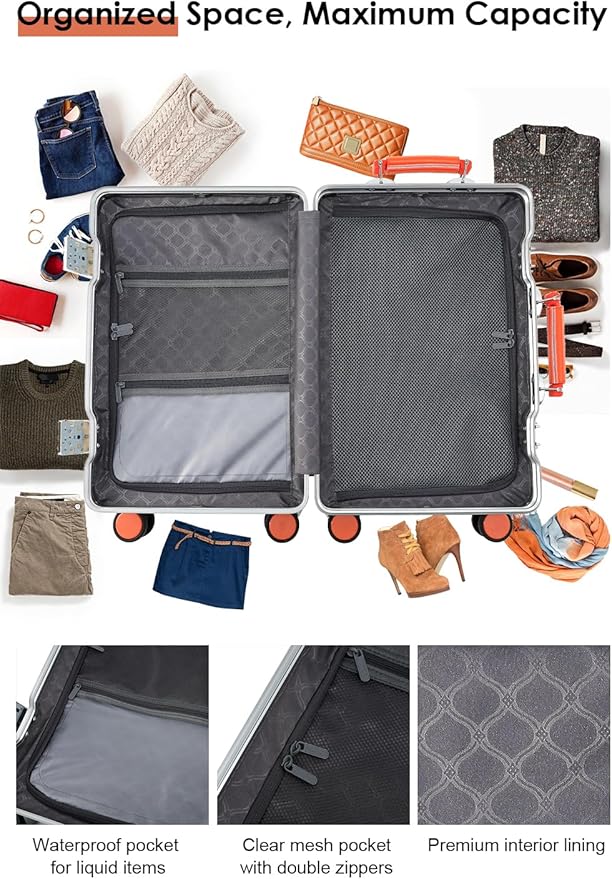 HotWay 20 Inch Carry On Luggage with Leather Handle, PC Zipperless Suitcase with Spinner Wheels and TSA Locks, 22x14x9 Airline Approved Luggage for Travel, Silver