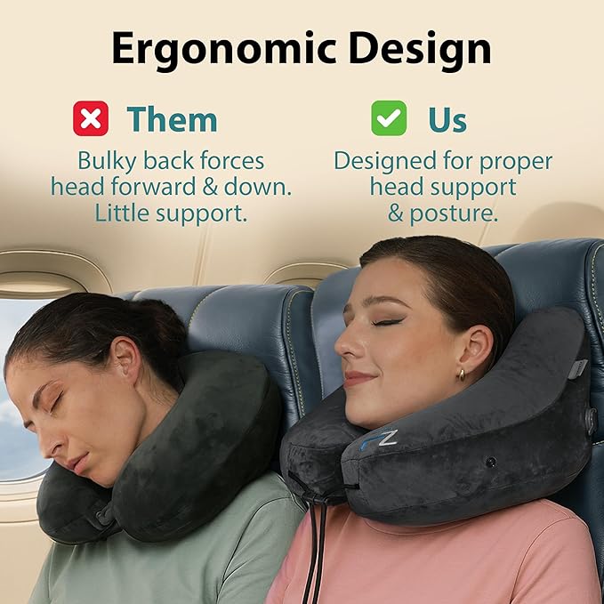Air Inflatable Neck Pillow for Traveling on Plane - H-Shape Hooded Airplane Pillow with 5 Snooze Modes, Fast Inflation, Pressure Control, Cozy Clip-On Hood & Plushy Cover - Size L, Jet Black