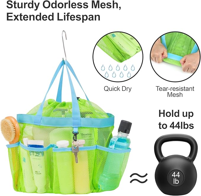F-color Mesh Shower Caddy Portable with Drawstring - Upgrade Deeper 7 Pockets Dorm Room Essentials for Guys Girls with S Hook, Shower Bag Basket Tote for College Camping Toiletry Bathroom, Green