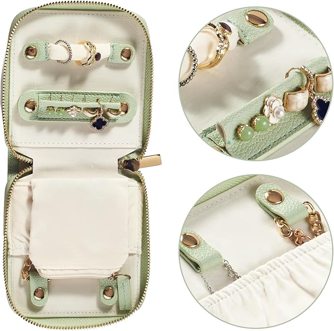 Travel Jewelry Organizer Case - for Tangle-Free Necklaces, Earrings, Rings, Bracelets Storage, Travel Essentials, Fashion Portable Jewelry Travel bags for Women - Small Macaron Green